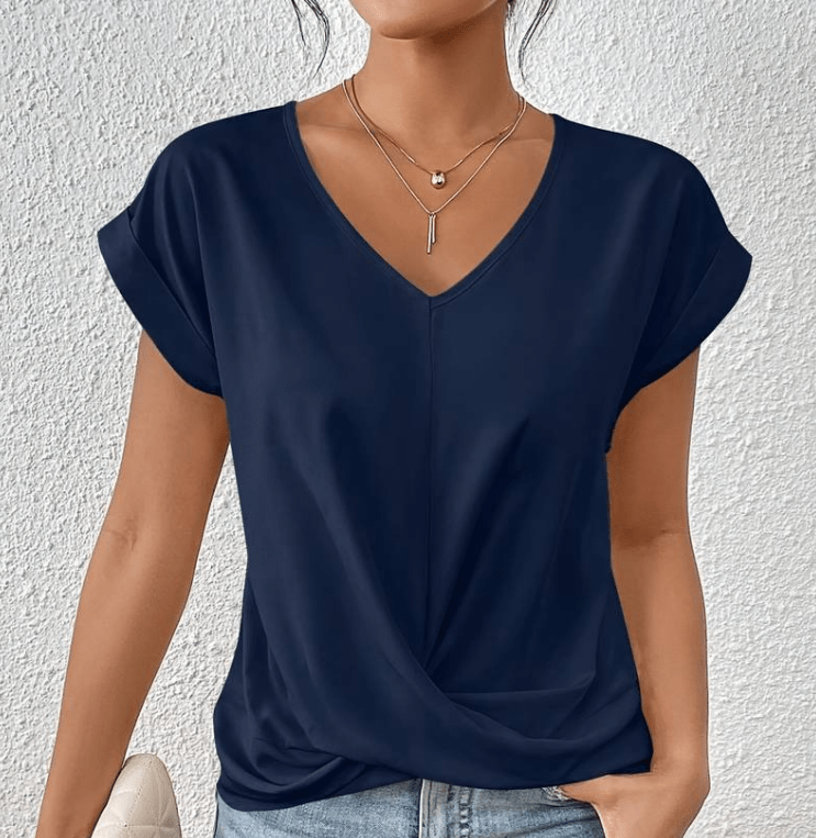 Carolyn V-neck top detail close-up"