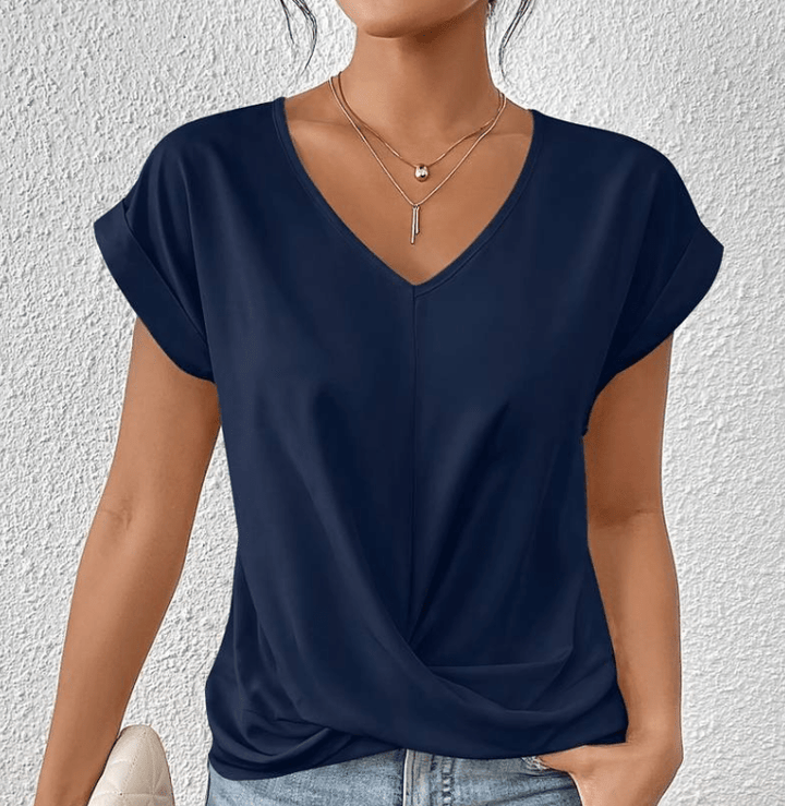 Carolyn V-neck top detail close-up"