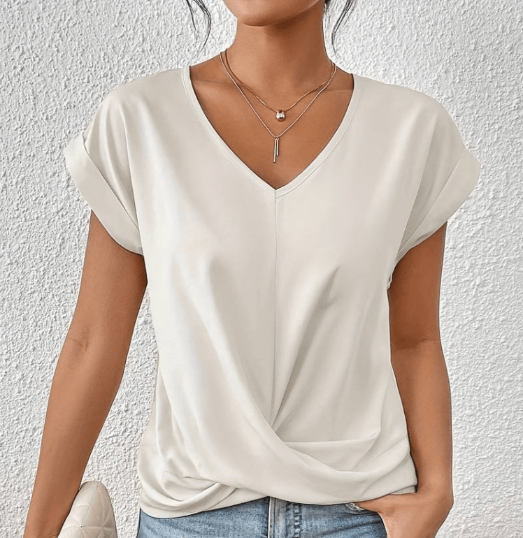 Carolyn V-neck top detail close-up"