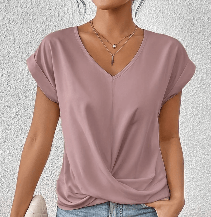 Carolyn V-neck top detail close-up"