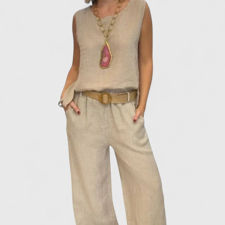 Faylinn elegant two-piece set in beige, front view, worn by model