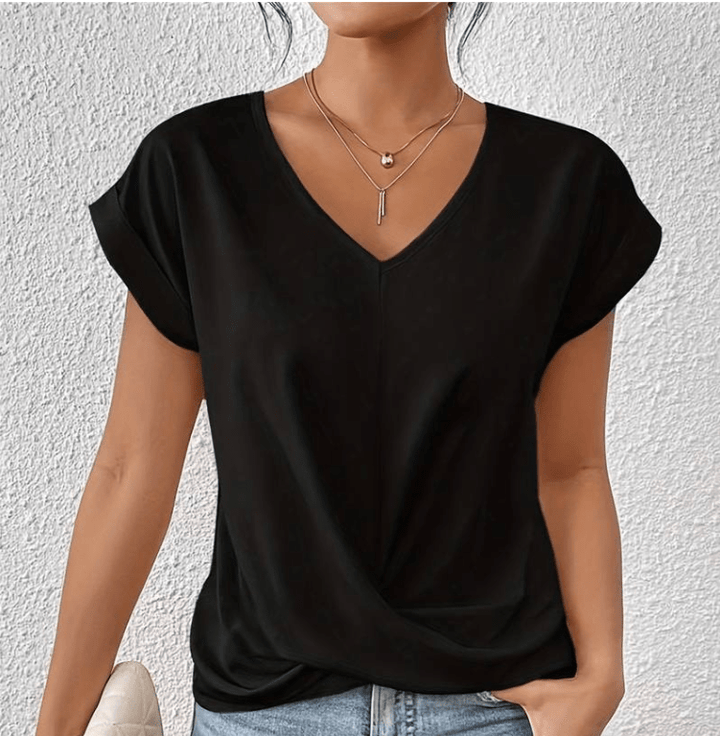 Carolyn V-neck top detail close-up"